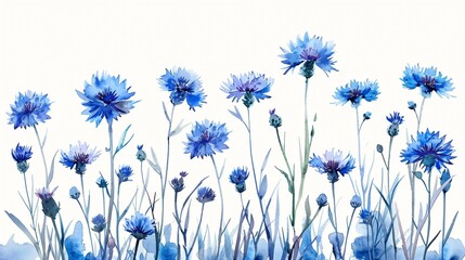 Blue Wild Flowers Cornflower on White Vector Watercolor Illustration