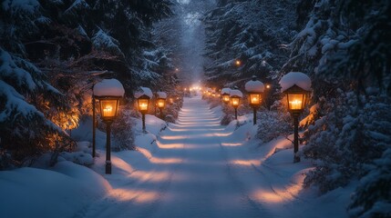 snowy path illuminated by lanterns in a tranquil forest
