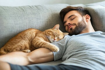 Ginger cat and its owner enjoy a peaceful nap time together on a comfortable sofa