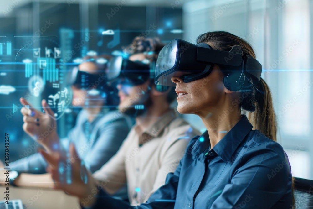 Poster a group of individuals engaged in virtual reality experiences, using vr headsets to interact with di