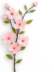 Obraz premium Graceful Branch of Pink Cherry Blossoms with Buds and Green Leaves on a White Background, Representing Elegance, Renewal, and the Beauty of Nature, Perfect for Floral Art and Decor