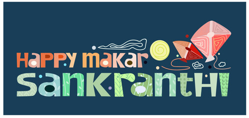 Happy Makar Sankranti Festival Greeting Background Template Design. Indian festival. Harvest celebration season . Sun enters Capricorn zodiac sign. Kites flown on this day. Celebrated in January month