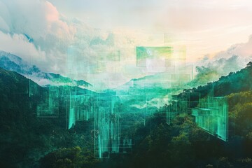 Obraz premium Abstract Digital Overlay on Mountain Landscape