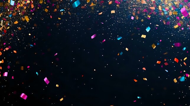 Vibrant Christmas and New Year banner with colorful confetti and champagne glasses on a sleek black background with soft golden sparkles