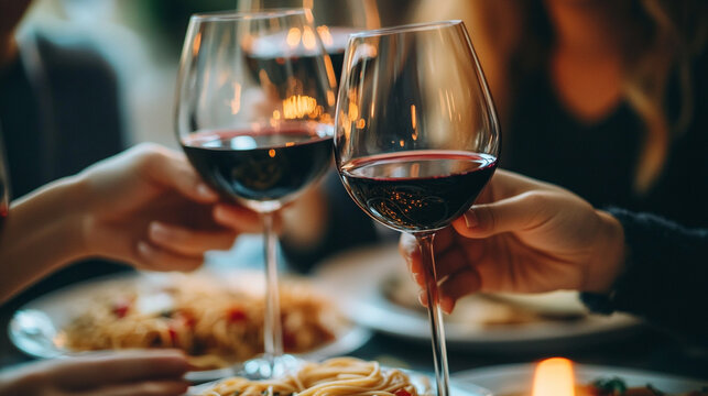 Celebrate National Spaghetti Day with friends and red wine in a cozy dining setting