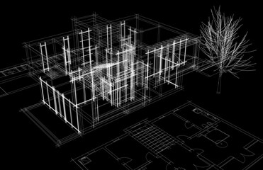 House building sketch architectural 3d drawing 