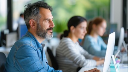 A focused group of professionals working on computers in a modern office, showcasing collaboration and productivity.