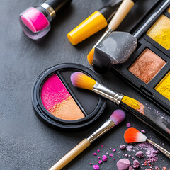 A vibrant array of makeup products, including brushes and palettes, showcasing bold colors and textures on a dark surface.
