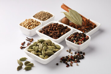 Indian spices, mix spices in ceramic bowls , cooking ingredients 
