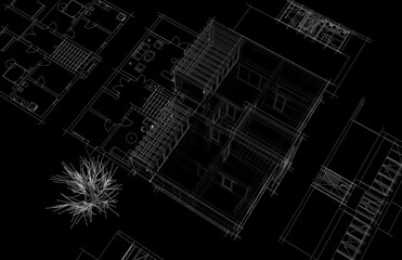 House building sketch architectural 3d drawing 