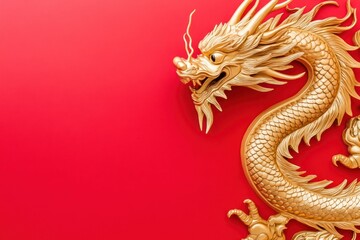 Fototapeta premium Golden Dragon on Red Background Artwork