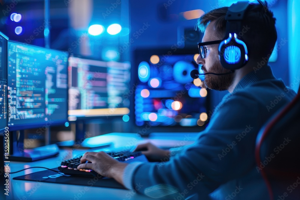 Poster a focused gamer in a dark room, wearing headphones and surrounded by multiple monitors displaying co
