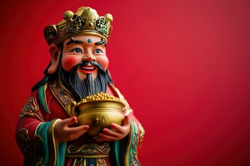 Obraz premium Colorful Figure Holding Gold Bowl Against Red Background