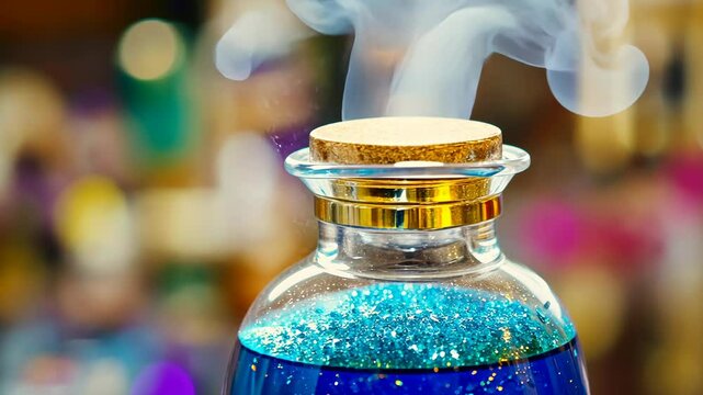 Mystical blue potion with glitter and smoke in a glass jar surrounded by a colorful background