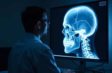 Obraz premium doctor looking at x-ray of human skull on large monitor in medical office