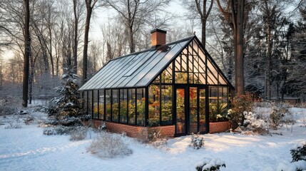 Beautiful glass greenhouse surrounded by snow, with vibrant green plants inside, highlighting sustainable gardening in a winter landscape. 