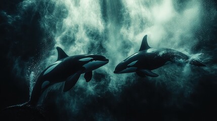 Naklejka premium Orcas Swimming Underwater in Dramatic Light 