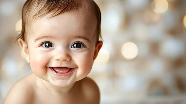The beautiful smiling cute baby has big, sparkling eyes that twinkle with joy, and chubby cheeks that dimple when they flash a bright, toothless grin