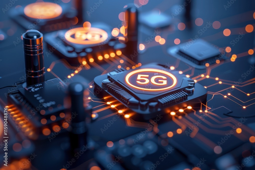 Poster a close-up view of a circuit board featuring a prominent 5g chip, showcasing intricate connections a