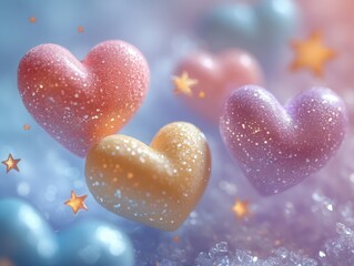 Obraz premium Pastel glitter hearts and stars on sparkly background.