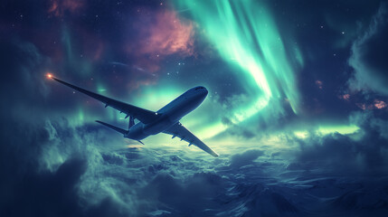 Fototapeta premium A jet soaring through a sky filled with vibrant northern lights, creating a surreal scene