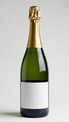 Elegant champagne bottle, blank label, white background, mockup, object