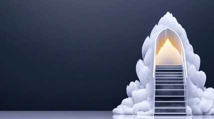 A surreal staircase leads to a glowing triangular entrance nestled within cloud-like formations against a minimalist backdrop.