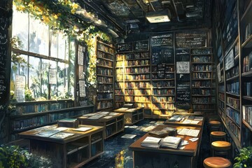 Sunlit Library Room Filled With Books And Papers