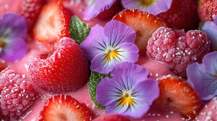 Vibrant Colorful Smoothie Bowls Garnished with Fresh Fruit, Coconut Shavings, Chia Seeds, and Edible Flowers on Wooden Tray