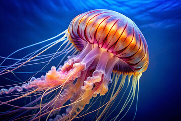 Vibrant jellyfish underwater with flowing tentacles, showcasing orange, pink, and purple hues against a deep blue background.