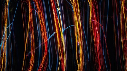 Long exposure photograph of neon colours (red and yellow) in an abstract lines against a black background. It seems infinity. Light painting photography. Good wallpaper. Multicolored dynamic. magic