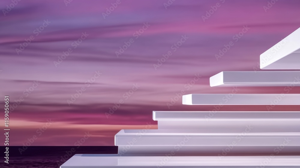Poster a serene sunset scene featuring abstract white steps against a colorful sky, creating a sense of ele