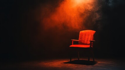 A dramatic spotlight on a chair on a dark stage, evoking anticipation and mystery.