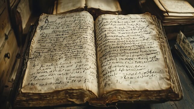Open antique book with aged, handwritten text;  showing details of pages, binding, and surrounding old books.