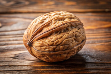 Single walnut in shell on rustic wooden surface.