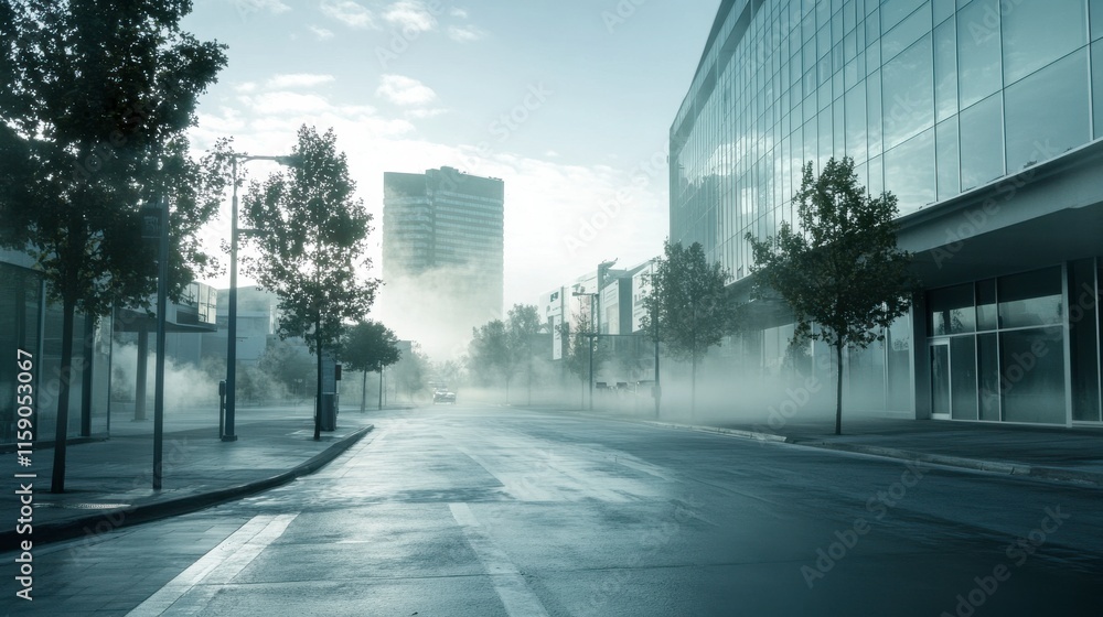 Wall mural Urban Smog in a Modern Business District at Dawn