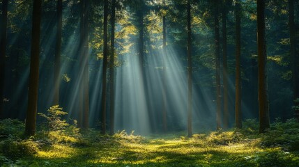 Obraz premium Sunbeams illuminate a lush green forest path.