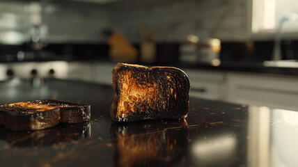 Blackened Toast on Countertop: A slice of toast with blackened edges sits on the kitchen counter, capturing the essence of a minor culinary accident.