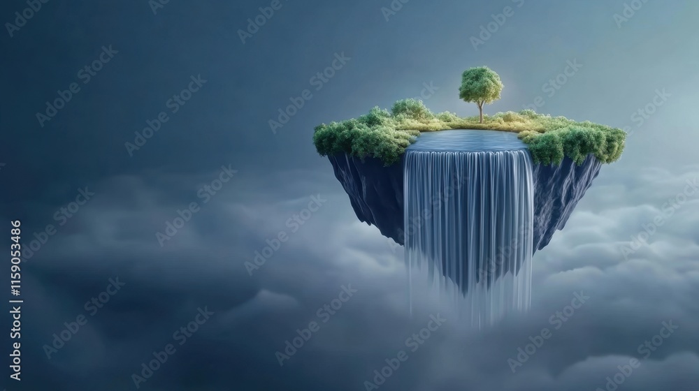 Poster a surreal floating island features a single tree and a cascading waterfall, surrounded by clouds, cr
