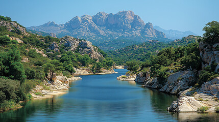 a tranquil river winding through rocky terrain, framed by lush green vegetation and distant mountains.