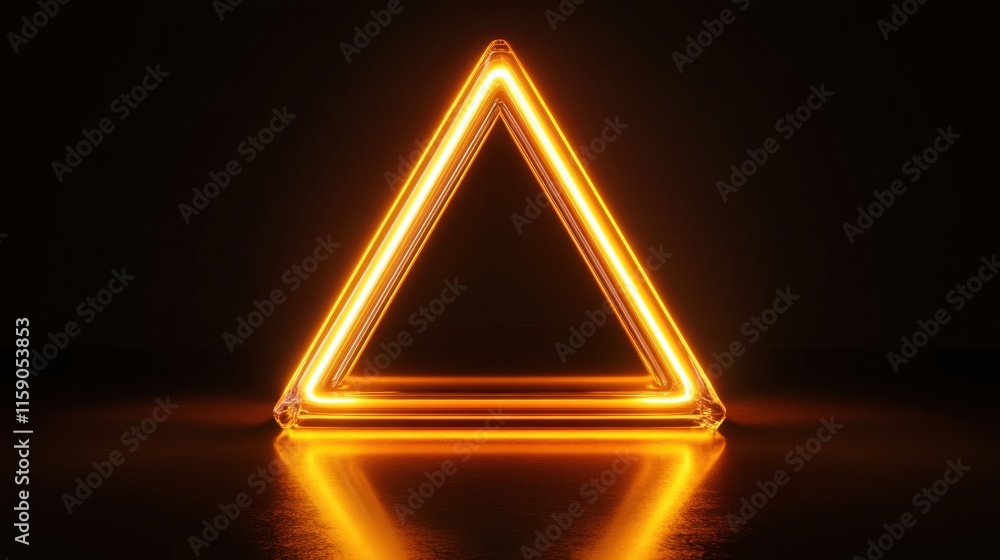 Poster a glowing orange neon triangle stands out against a dark background, reflecting light and creating a