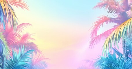 Obraz premium Colorful Tropical Paradise with Palm Trees and Dreamy Gradient Sky, Perfect for Vacation Mood and Summer Vibes, Ideal for Travel and Nature Themes
