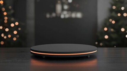 Illuminated Black Circular Display Stand Near Christmas Trees