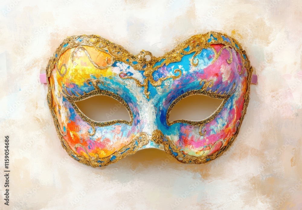 Poster colorful venetian mask with intricate patterns and gold accents against a soft textured background f