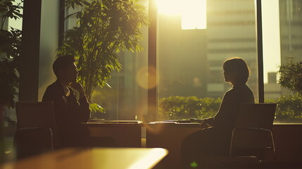 オフィスで上司と部下が1on1の面談をしている様子の画像