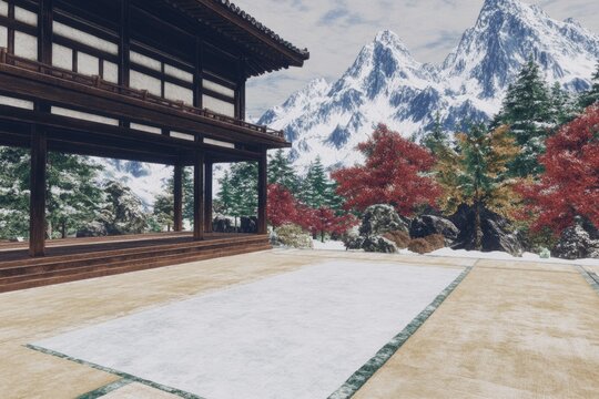 A 3D-rendered Iaido practice session in a traditional dojo, with lifelike details of the practitioners and the surrounding decor