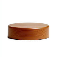Round wooden podium displaying products on white background