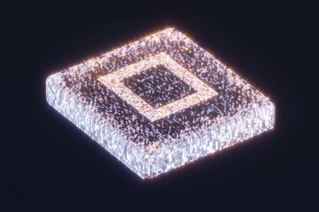 A 3D-rendered identity card with holographic elements and a glowing QR code, floating above a futuristic table