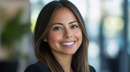 Fototapeta premium Headshot close up face portrait of young happy smiling Hispanic businesswoman, female company worker or corporate manager, confident business woman entrepreneur looking at camera at work in office
