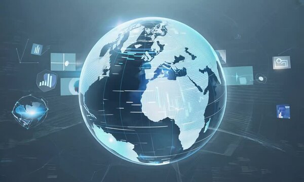 Global Network: A futuristic and abstract representation of a digital globe, radiating with data points and icons, symbolizing global connectivity and information exchange.  